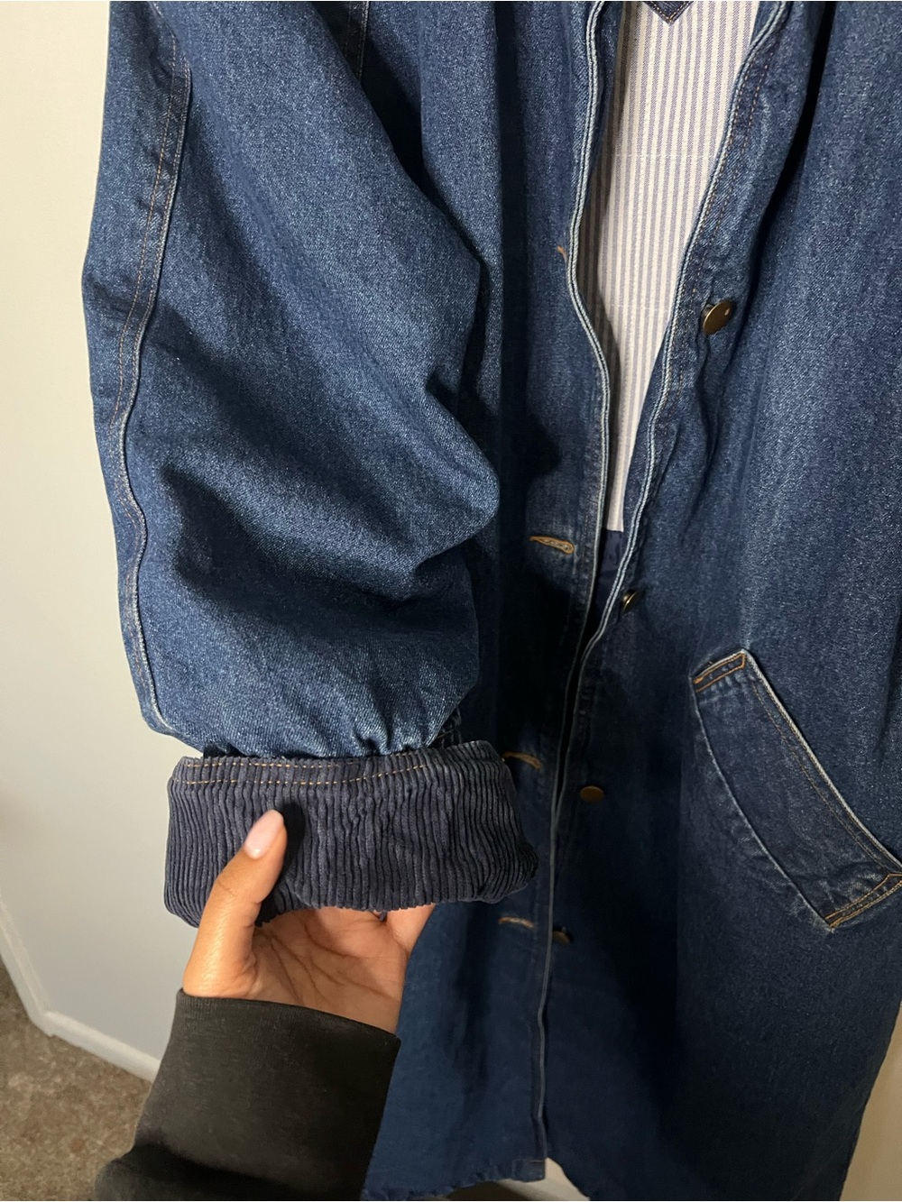 Jill Evans Vintage Jill Evans Denim Coat M Duster Button Up Lined Corduroy 80s - Picture 3 of 8